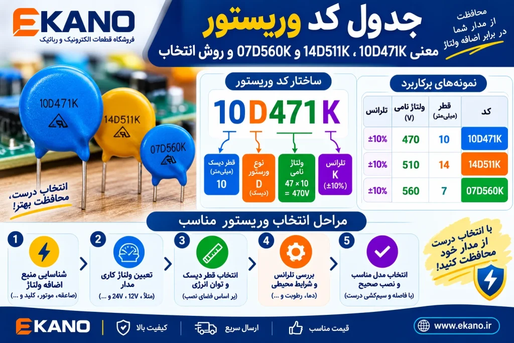جدول کد وریستور معنی 10D471K، 14D511K و 07D560K و روش انتخاب